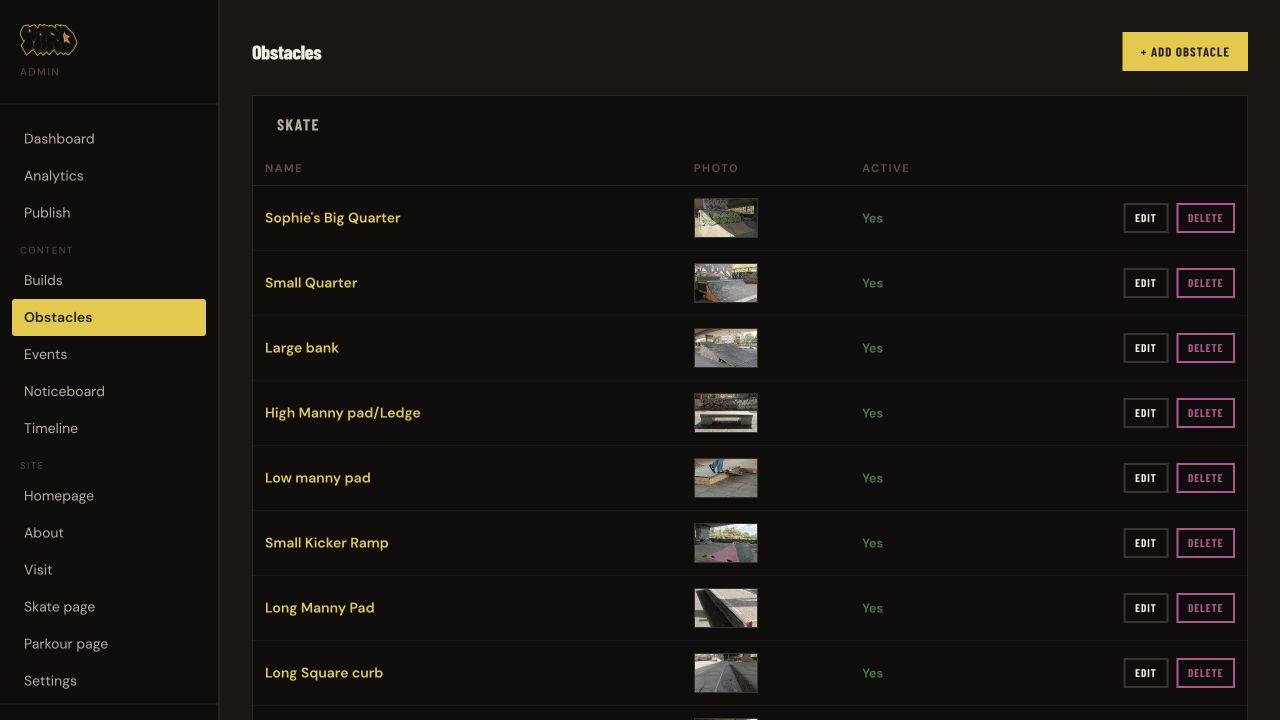 Yard DIY CMS obstacle editor showing names, photographs, publishing status and edit controls