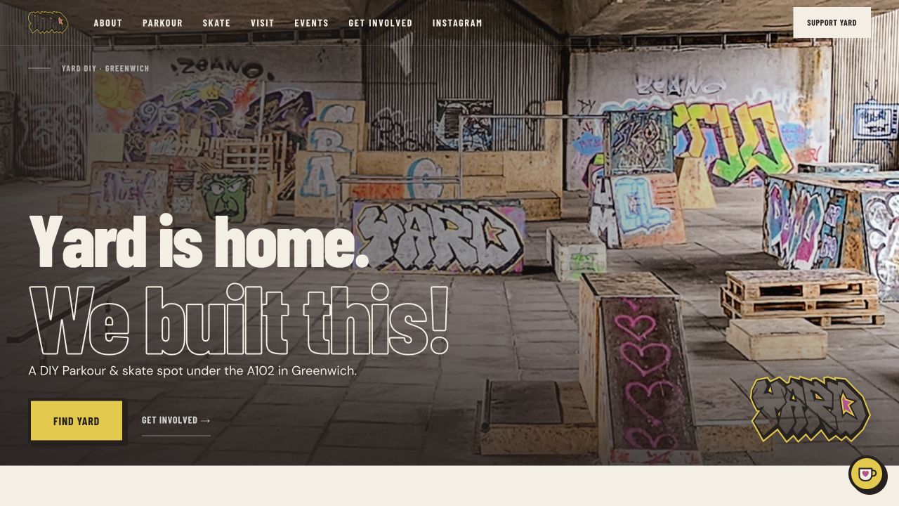 Yard DIY homepage showing the underpass, handmade obstacles and the message Yard is home. We built this.
