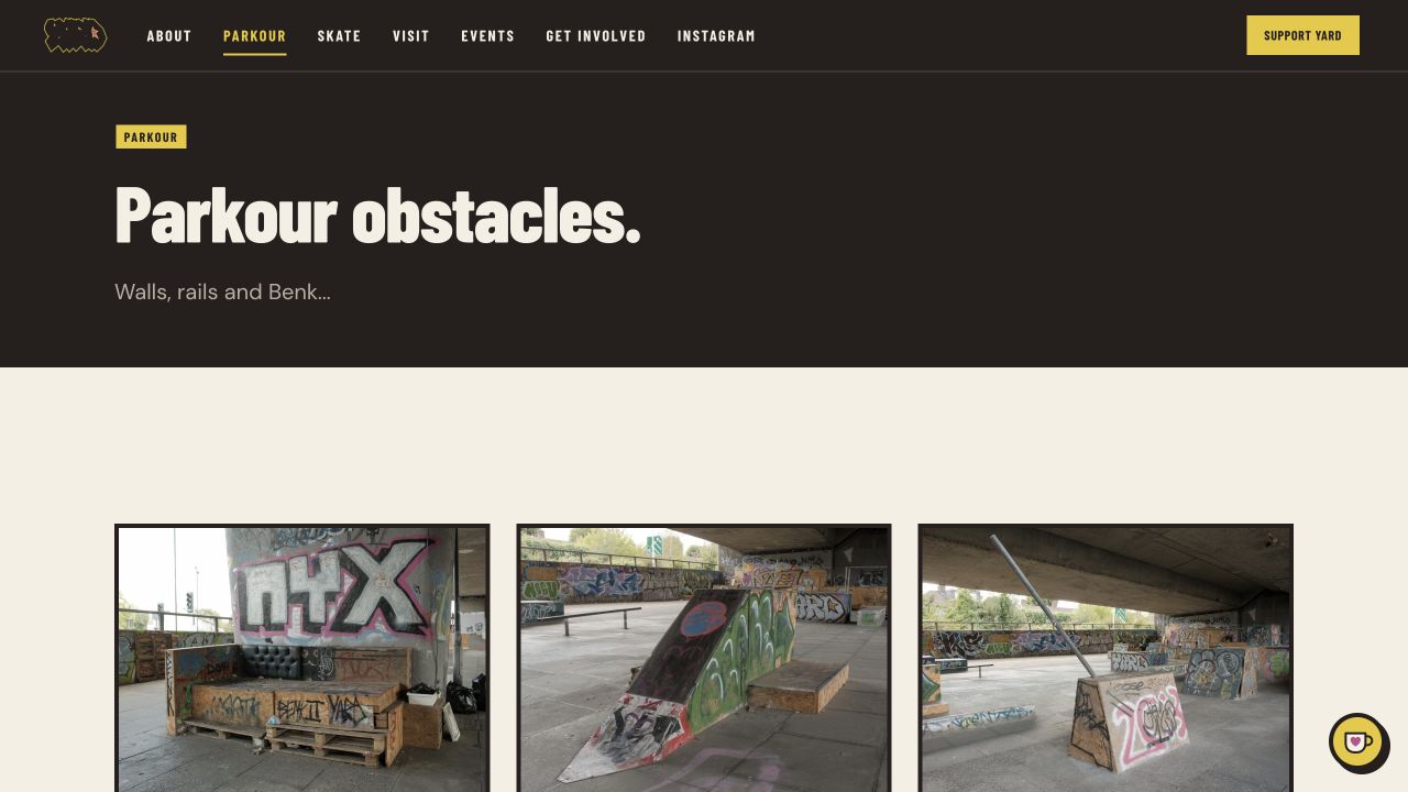 Yard DIY parkour obstacle catalogue with documentary photographs of individual obstacles