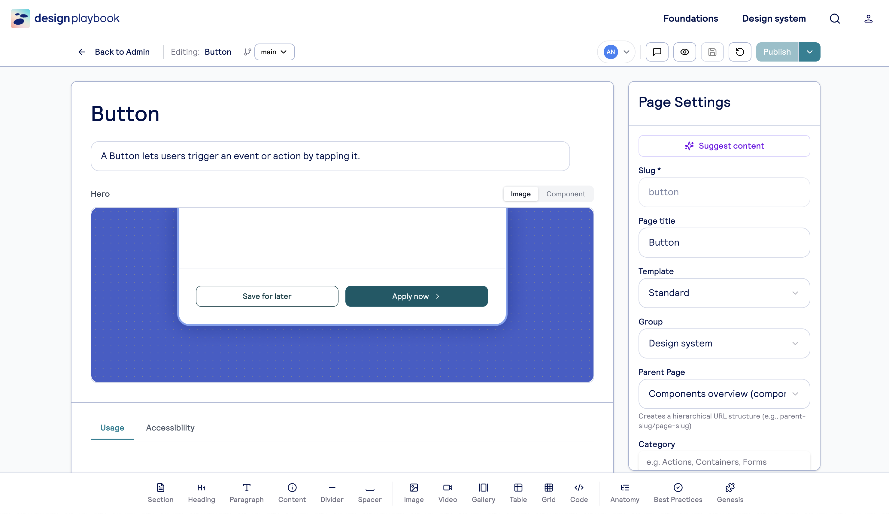 CMS view of the page editor